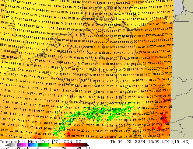 Temperature High (2m) ICON-D2 Th 30.05.2024 15 UTC