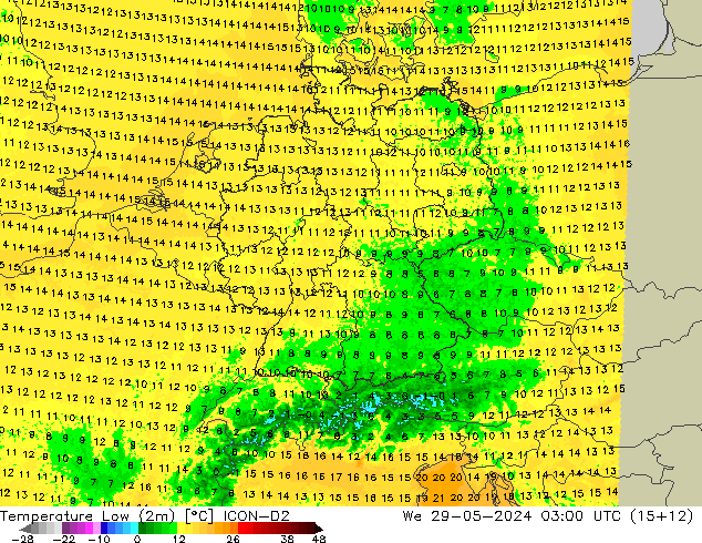 Tiefstwerte (2m) ICON-D2 Mi 29.05.2024 03 UTC