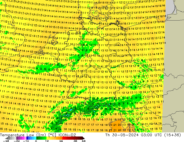 Temperature Low (2m) ICON-D2 Th 30.05.2024 03 UTC