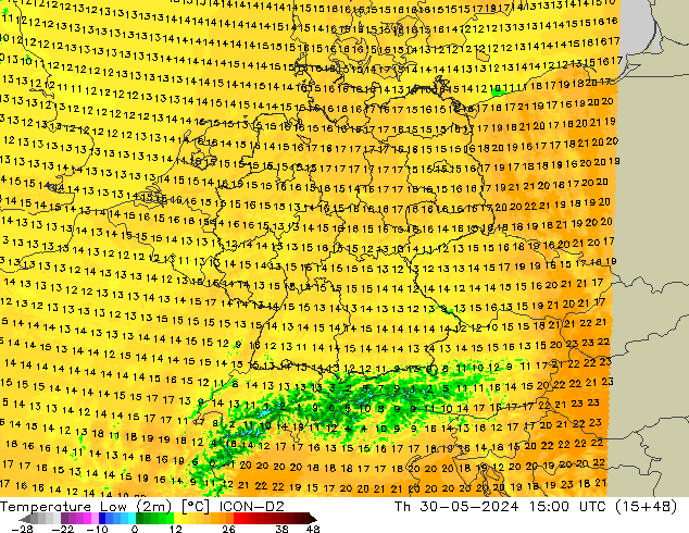 Temperature Low (2m) ICON-D2 Th 30.05.2024 15 UTC