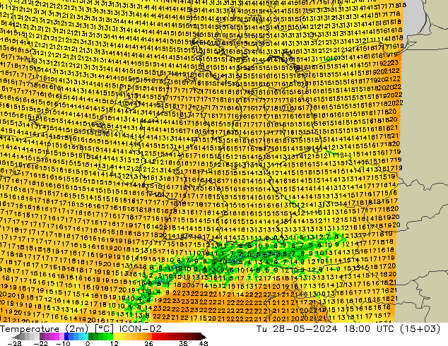 Temperature (2m) ICON-D2 Tu 28.05.2024 18 UTC