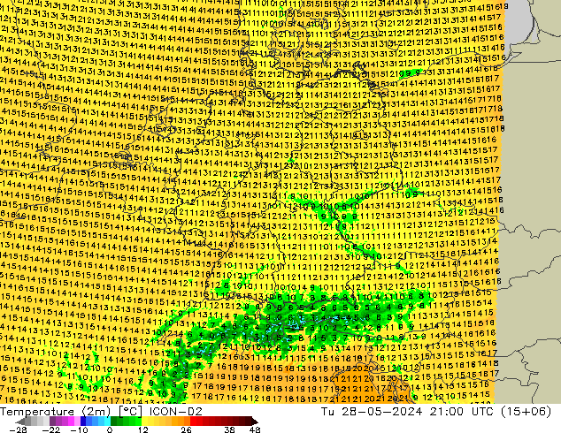 Temperature (2m) ICON-D2 Tu 28.05.2024 21 UTC