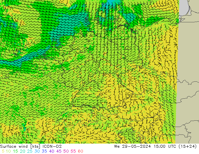 Vento 10 m ICON-D2 Qua 29.05.2024 15 UTC