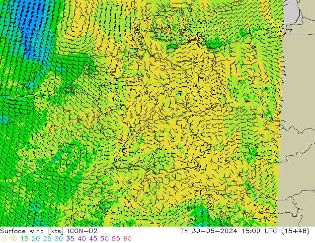 Wind 10 m ICON-D2 do 30.05.2024 15 UTC