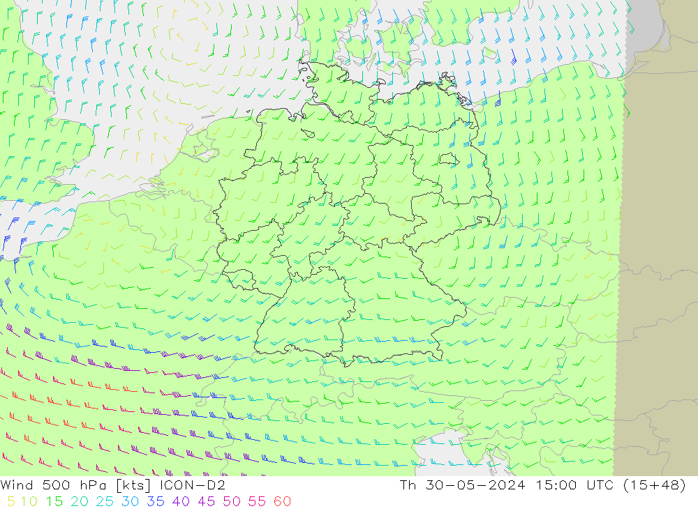 Vento 500 hPa ICON-D2 gio 30.05.2024 15 UTC