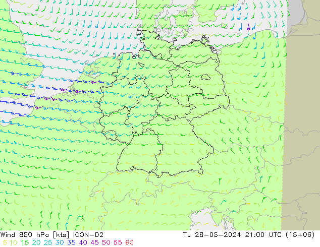 Rüzgar 850 hPa ICON-D2 Sa 28.05.2024 21 UTC