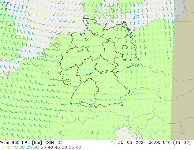 Wind 850 hPa ICON-D2 Th 30.05.2024 06 UTC