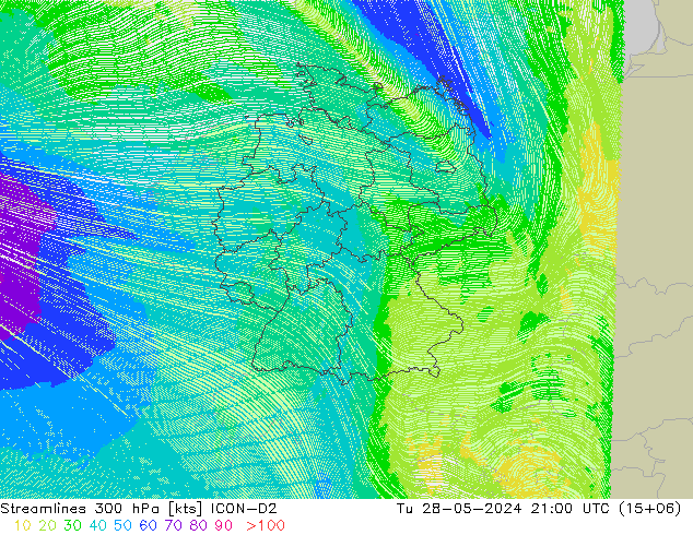 Stromlinien 300 hPa ICON-D2 Di 28.05.2024 21 UTC