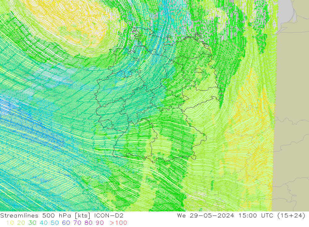 Línea de corriente 500 hPa ICON-D2 mié 29.05.2024 15 UTC