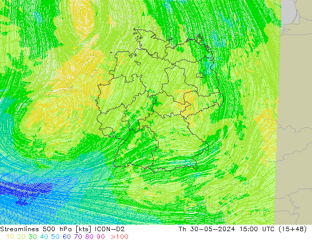 Linha de corrente 500 hPa ICON-D2 Qui 30.05.2024 15 UTC