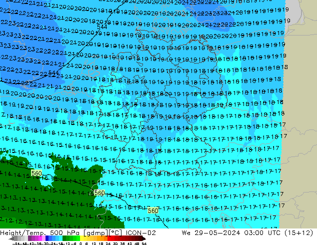 Height/Temp. 500 hPa ICON-D2 śro. 29.05.2024 03 UTC