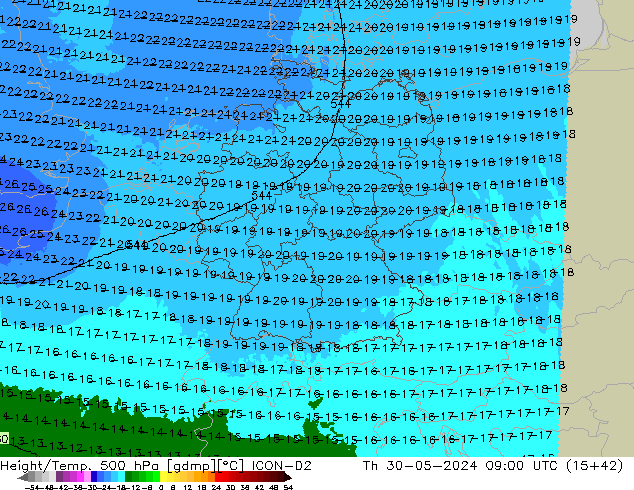 Hoogte/Temp. 500 hPa ICON-D2 do 30.05.2024 09 UTC