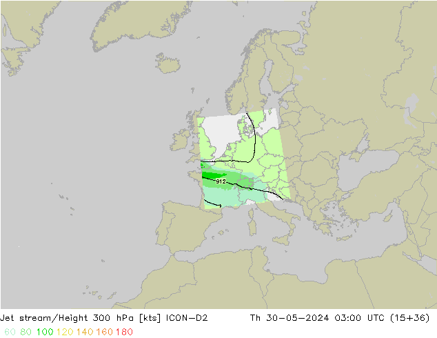 Corriente en chorro ICON-D2 jue 30.05.2024 03 UTC