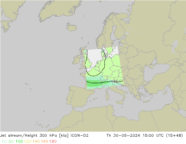 Jet stream/Height 300 hPa ICON-D2 Čt 30.05.2024 15 UTC