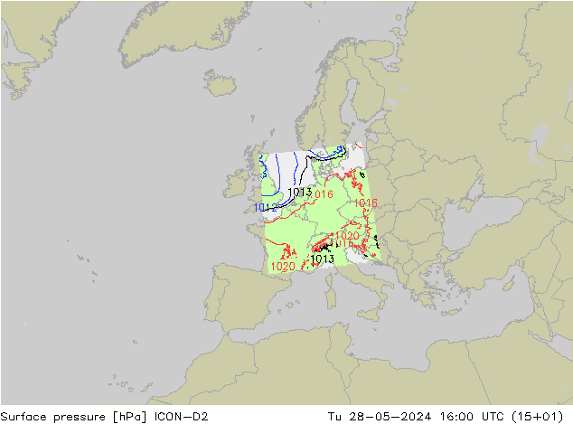 Presión superficial ICON-D2 mar 28.05.2024 16 UTC