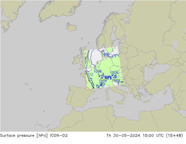 Presión superficial ICON-D2 jue 30.05.2024 15 UTC