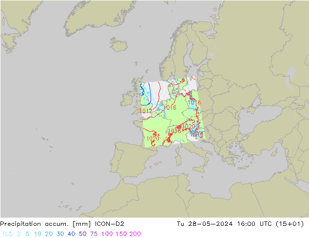 Precipitation accum. ICON-D2 Tu 28.05.2024 16 UTC