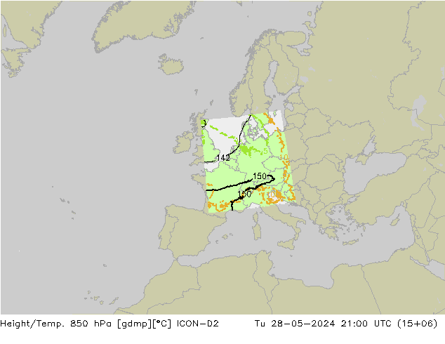 Géop./Temp. 850 hPa ICON-D2 mar 28.05.2024 21 UTC