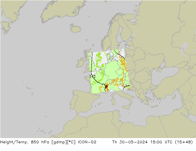 Hoogte/Temp. 850 hPa ICON-D2 do 30.05.2024 15 UTC