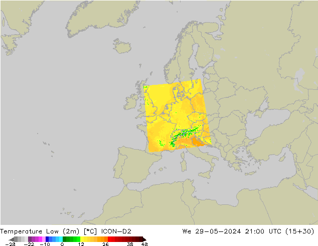 Temperatura mín. (2m) ICON-D2 mié 29.05.2024 21 UTC