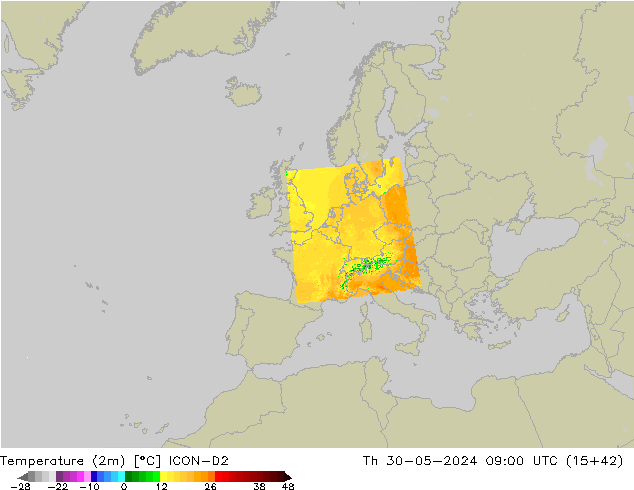Temperatuurkaart (2m) ICON-D2 do 30.05.2024 09 UTC