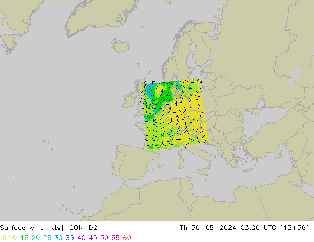 Surface wind ICON-D2 Th 30.05.2024 03 UTC