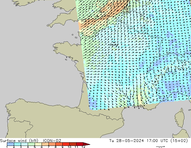 Bodenwind (bft) ICON-D2 Di 28.05.2024 17 UTC