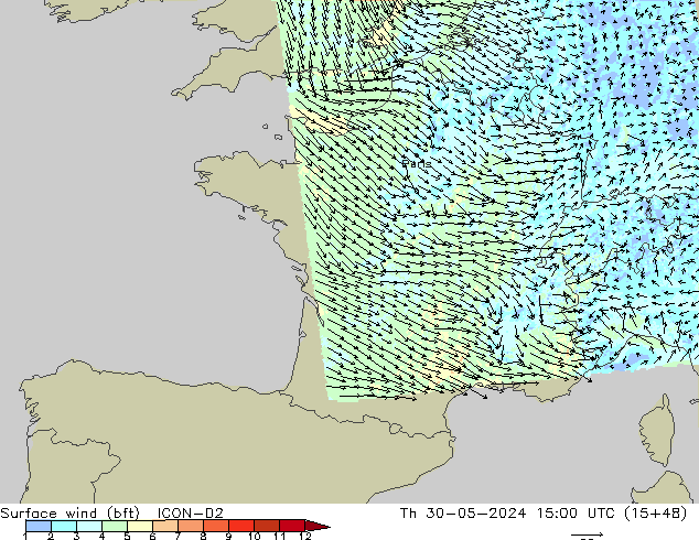 Surface wind (bft) ICON-D2 Th 30.05.2024 15 UTC