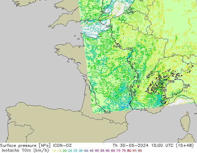 Isotachs (kph) ICON-D2 jeu 30.05.2024 15 UTC