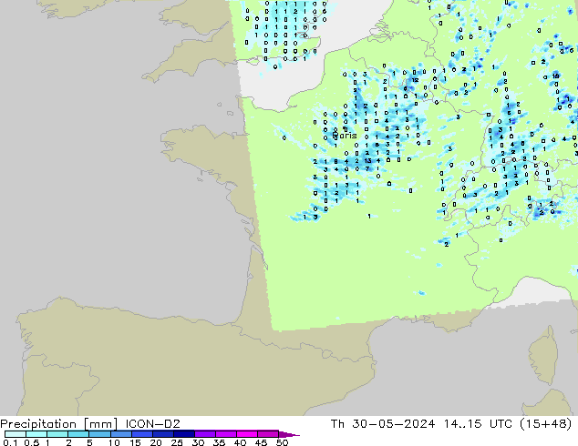 Precipitation ICON-D2 Th 30.05.2024 15 UTC