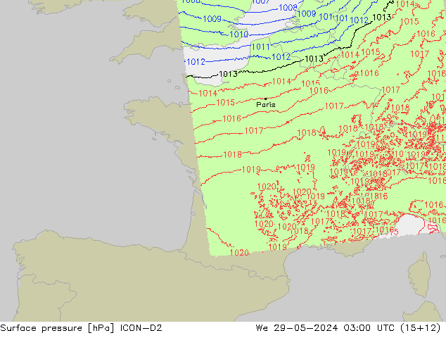 Atmosférický tlak ICON-D2 St 29.05.2024 03 UTC