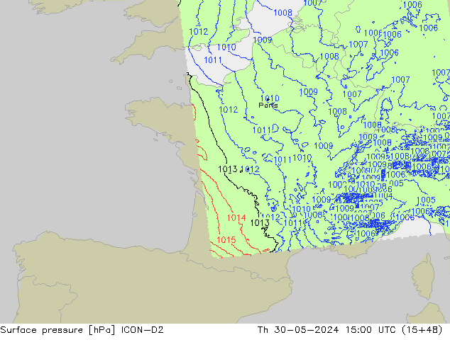 pressão do solo ICON-D2 Qui 30.05.2024 15 UTC