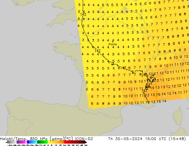 Géop./Temp. 850 hPa ICON-D2 jeu 30.05.2024 15 UTC