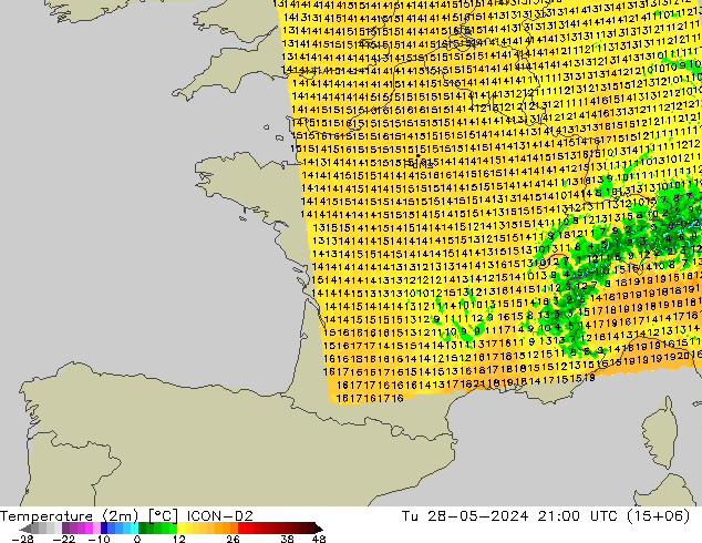 Temperaturkarte (2m) ICON-D2 Di 28.05.2024 21 UTC