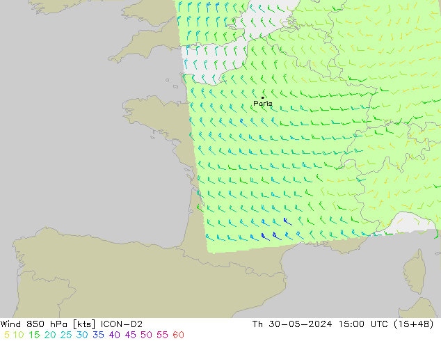 Vento 850 hPa ICON-D2 Qui 30.05.2024 15 UTC