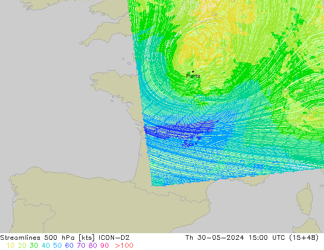 ветер 500 гПа ICON-D2 чт 30.05.2024 15 UTC