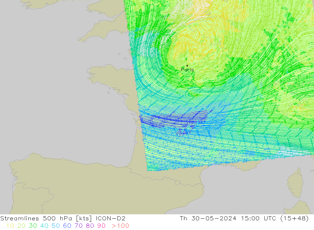 ветер 500 гПа ICON-D2 чт 30.05.2024 15 UTC