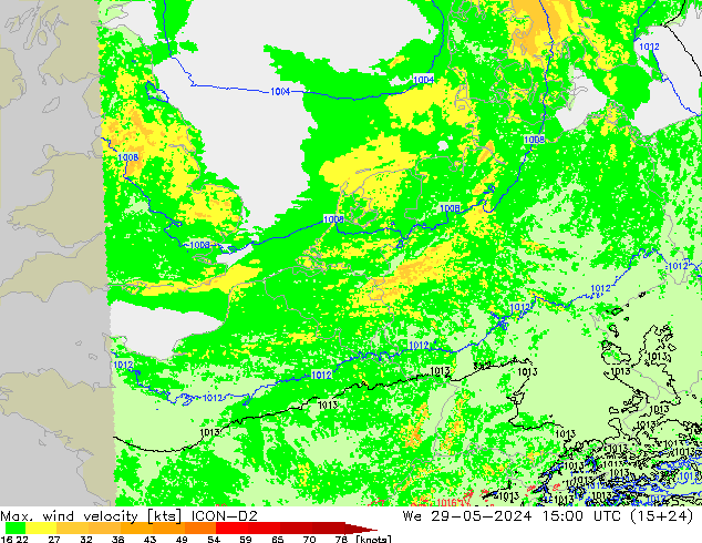 Max. wind velocity ICON-D2  29.05.2024 15 UTC