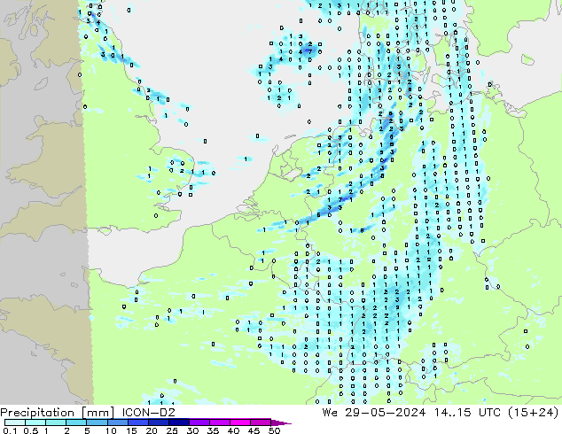 Precipitation ICON-D2 We 29.05.2024 15 UTC