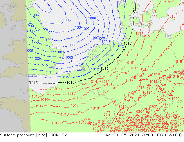 Atmosférický tlak ICON-D2 St 29.05.2024 00 UTC