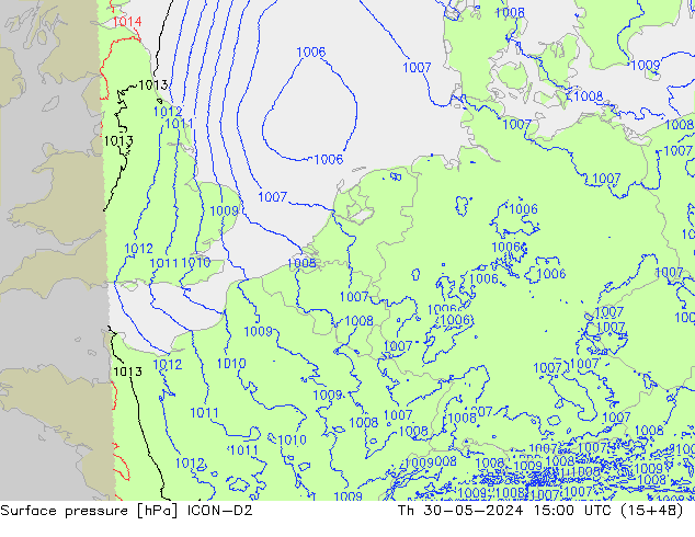 Surface pressure ICON-D2 Th 30.05.2024 15 UTC