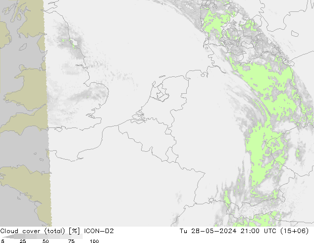 Cloud cover (total) ICON-D2 Tu 28.05.2024 21 UTC