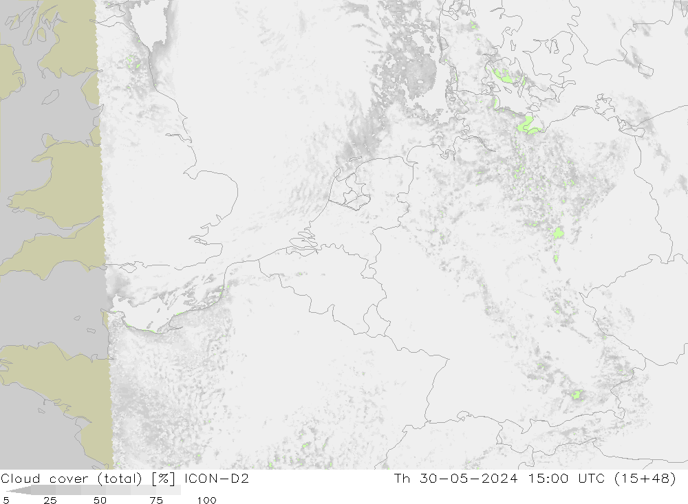 Cloud cover (total) ICON-D2 Th 30.05.2024 15 UTC