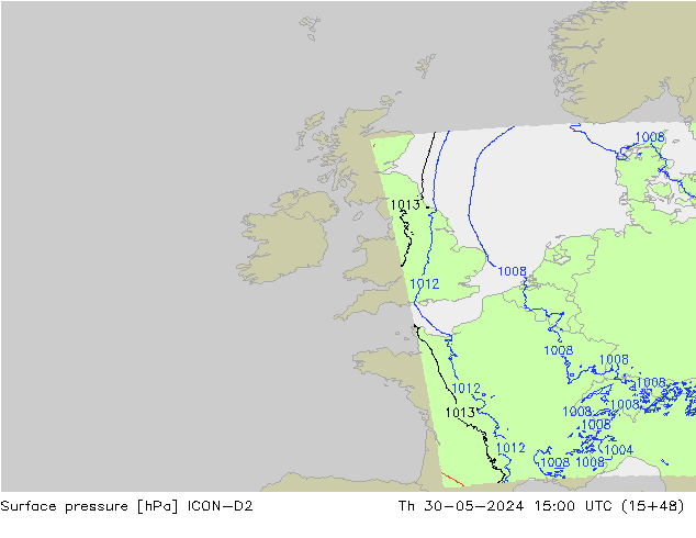 Presión superficial ICON-D2 jue 30.05.2024 15 UTC