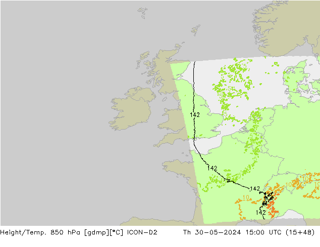 Height/Temp. 850 hPa ICON-D2  30.05.2024 15 UTC