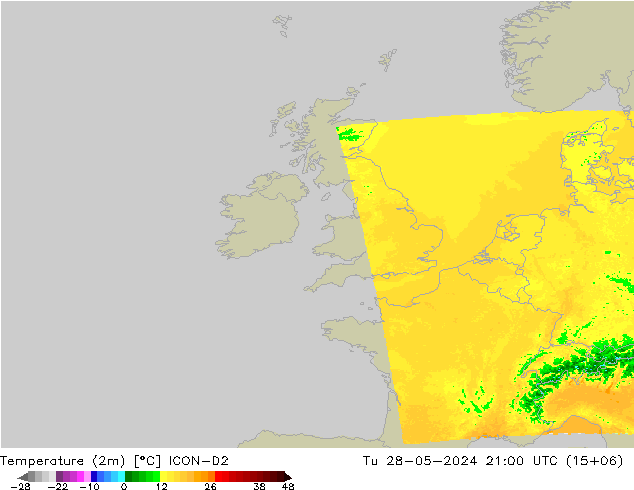 Temperatura (2m) ICON-D2 mar 28.05.2024 21 UTC