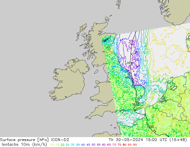 Eşrüzgar Hızları (km/sa) ICON-D2 Per 30.05.2024 15 UTC