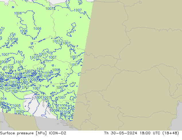 Atmosférický tlak ICON-D2 Čt 30.05.2024 18 UTC