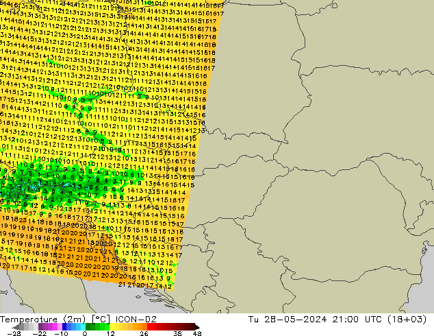 Temperatura (2m) ICON-D2 Ter 28.05.2024 21 UTC