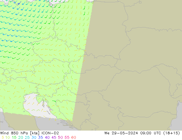 Vent 850 hPa ICON-D2 mer 29.05.2024 09 UTC